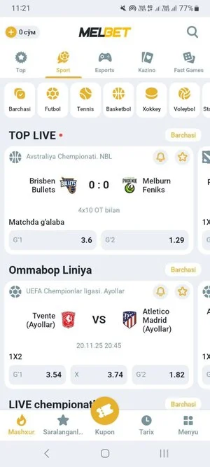 O'yindan oldin va jonli melbet.apkda sport tikish